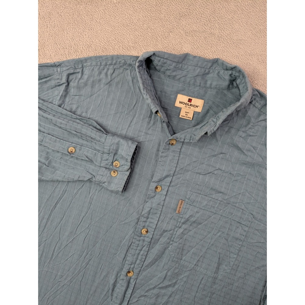 Woolrich Mens XL Button Down Shirt Long Sleeve Blue Striped Casual